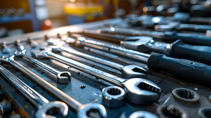 Various tools neatly arranged on a table suitable for DIY projects or workshops, Various tools, neatly arranged, table setup, DIY projects, workshop tools, organized tools
