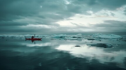 Fototapeta premium A solitary kayaker in a red kayak paddles through icy waters under a moody, cloudy sky, surrounded by floating icebergs, creating a tranquil yet intense scene.