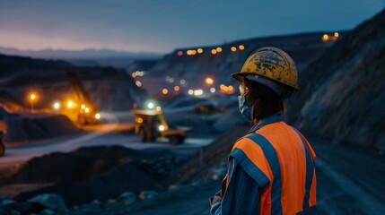 Obraz premium Worker in safety gear observing a mining site at dusk, with heavy machinery and lights in the background.