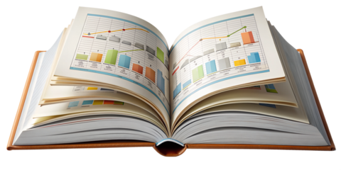 PNG open book with bar charts and graphs isolated on transparent