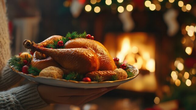 Woman holding a roasted turkey holiday dish at home , for christmas or thanksgiving holiday , fireplace living room background