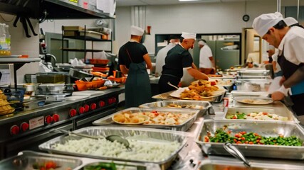 Busy Food Bank Kitchen Chefs and Volunteers Prepare Meals, A bustling food bank kitchen where chefs and volunteers prepare nutritious meals for those in need