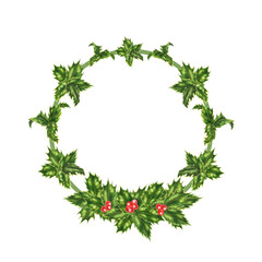 Fototapeta premium Holly Christmas wreath with red berries and green leaves. Watercolor botanical illustration isolated on white background. Round template for decorative text of invitation, label, advertising, sticker