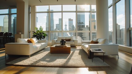 Fototapeta premium A modern, spacious living room with large windows offers a stunning cityscape view. The room features elegant white furniture and warm natural light flooding in.
