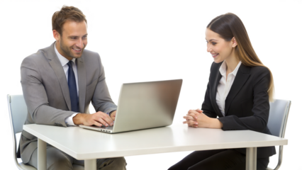 PNG business meeting with laptop isolated on transparent
