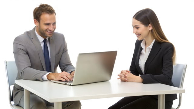 PNG business meeting with laptop isolated on transparent