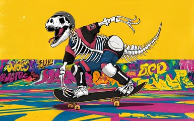 Dinosaur Fossil with Skateboard  Playful and Funny Illustration