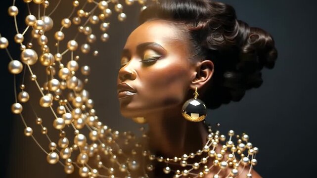 Jewelry fashion portrait, woman in luxury creative golden pearls jewels, glamour female african American model with beauty face makeup wearing expensive gold stylish Jewelry on black background