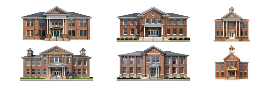 PNG set classic red brick buildings front view transparent