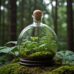 A mystical scene of a glass bottle filled with glowing green plants on a forest ground, implying magic or potion-making amidst nature. Glass bottle with glowing greenery in forest