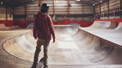 A skateboarder stands poised at the edge of an indoor skatepark, contemplating their next move. Sunlight filters through the industrial space, highlighting the ramps.