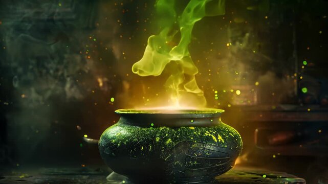 A close-up video of a cauldron with a bubbling green potion and wisps of green steam rising from it A cauldron bubbling with a mysterious potion and green smoke