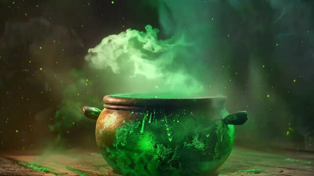 A close-up shot of a cauldron filled with a green potion that bubbles and steams A cauldron bubbling with a mysterious potion and green smoke