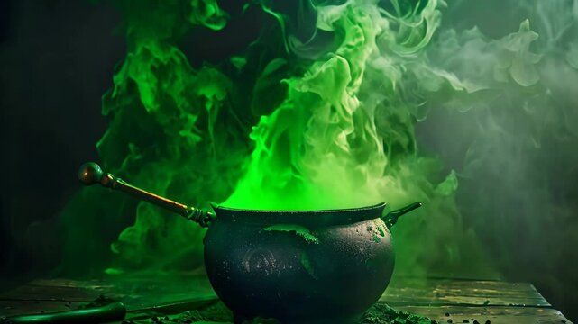 A close-up shot of a cauldron bubbling with a mysterious green potion, lit by candlelight A cauldron bubbling with a mysterious potion and green smoke