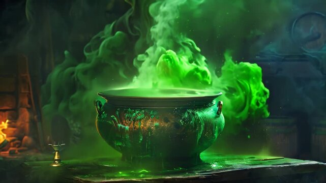 A cauldron filled with green potion is bubbling and emitting smoke on a wooden table A cauldron bubbling with a mysterious potion and green smoke