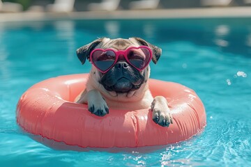 playful pug wearing heartshaped sunglasses floating on vibrant inflatable flamingo in a sparkling turquoise pool