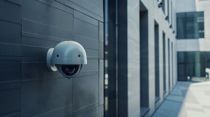 A security camera mounted on a modern building exterior, capturing a quiet urban scene with a sense of vigilance and surveillance.