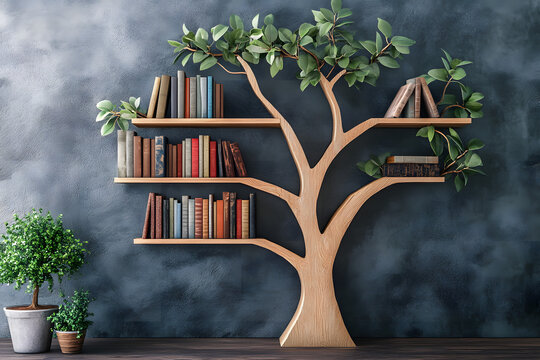 A tree shaped bookshelf with books in a home decor style on wall background.