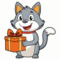 Smiling cat holding a small gift box  art vector illustration