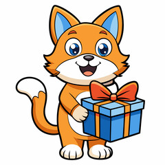 Smiling cat holding a small gift box  art vector illustration