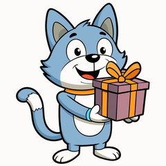 Smiling cat holding a small gift box  art vector illustration