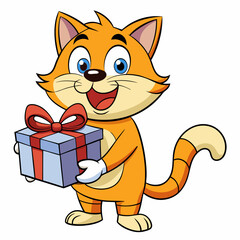 Smiling cat holding a small gift box  art vector illustration
