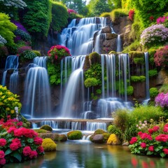 A cascading waterfall surrounded by lush greenery and colorful flowers
