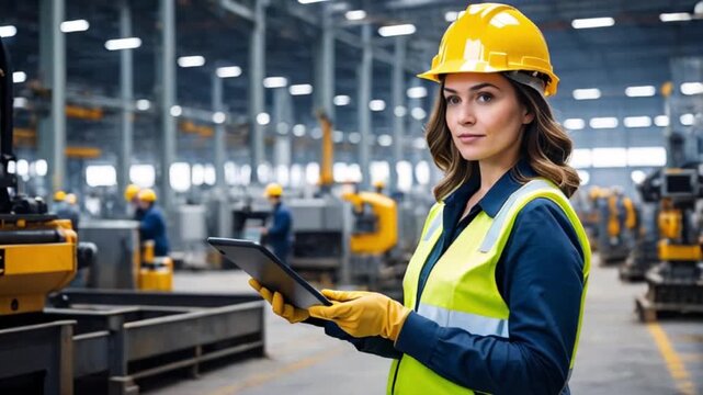 工場の現場で産業ロボットとデータ管理に取り組む女性技師がタブレットを操作する