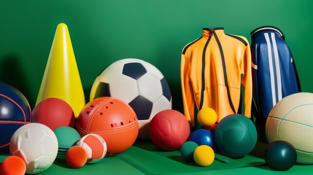 A diverse assortment of sports equipment displayed against a green backdrop, highlighting the variety and vibrancy of athletic activities.