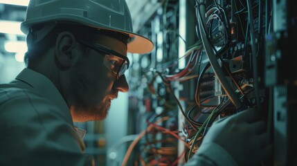 An engineer wearing a hard hat and glasses intently works on a complex network of wires and circuits in a dimly lit server room.