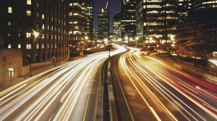 Obraz premium Long-exposure shot of a bustling urban highway at night, with light trails creating dynamic patterns against the city skyline.