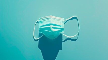 A single surgical mask is artfully displayed against a turquoise background, symbolizing health, safety, and the shared experience of the pandemic.