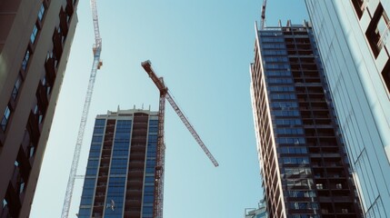 Fototapeta premium High-rise buildings under construction with cranes set against a clear blue sky, representing urban development and architectural progress.