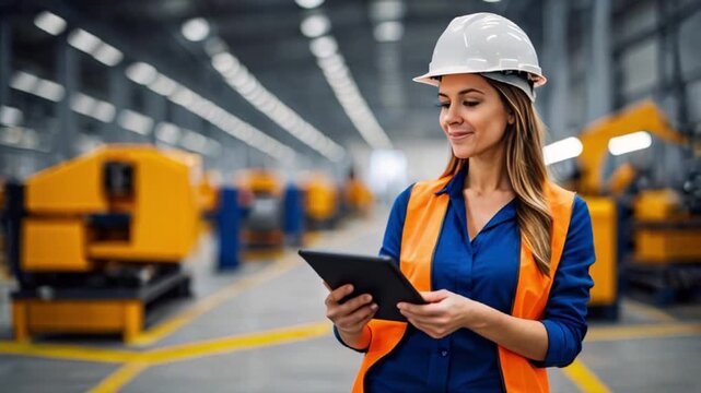 工場の現場でタブレットを駆使しデータを管理する女性技師の精密な作業風景