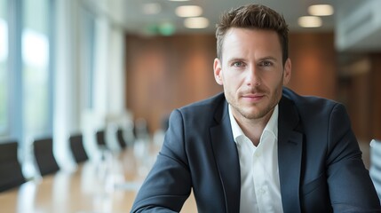 Fototapeta premium A businessman in a blue suit sits at a meeting room table with a serious expression, ready to discuss and engage in important business decisions.