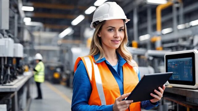 工場の最前線でタブレットを使いデータを操作するヘルメット姿の女性技師