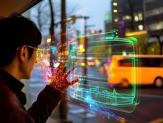 A Person Interacting with a Holographic Projection of a Cityscape