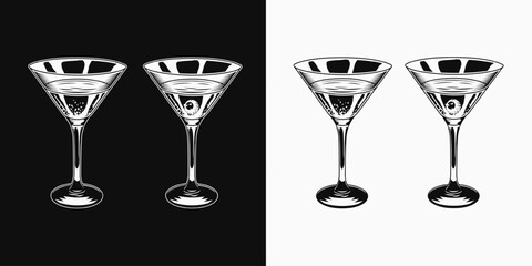Halloween cocktail in martini glass with eyeball. Poison potion. Black and white illustration. Vintage style
