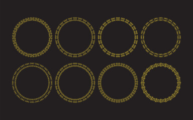 Golden like hand written curly motifs round borders and empty cartoon emblems design elements set on black background
