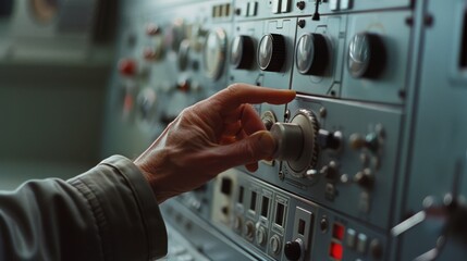 A hand in focus adjusts a dial on a vintage control panel filled with various knobs and buttons, suggesting precision and operation in a retro tech setting.