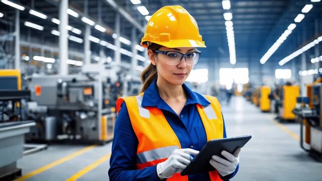 デジタル時代の工場管理を担うヘルメット姿の女性技師がタブレットを操作する
