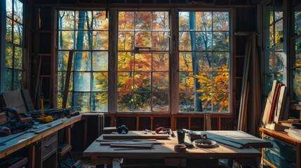 Sun-drenched workshop with large windows and an array of crafting tools and wood, framed by vibrant autumn trees outside.