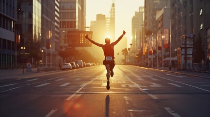 A jubilant runner celebrates triumph with arms raised while running down an empty city street at sunrise, basking in warm, golden light.