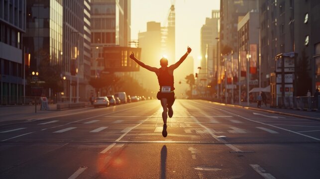 A jubilant runner celebrates triumph with arms raised while running down an empty city street at sunrise, basking in warm, golden light.