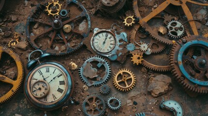 An assortment of antique clock gears and parts, scattered in disarray on an old wooden surface, telling stories of time and craftsmanship.