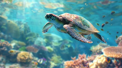 A turtle swimming gracefully over a coral reef, highlighting the connection between marine species and their habitats.