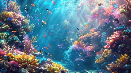 Fototapeta premium A vibrant coral reef teeming with colorful fish and marine life, showcasing the beauty and diversity of underwater ecosystems.