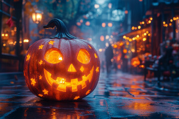 A glowing jack-o'-lantern on a wet street during a rainy Halloween night, surrounded by festive...