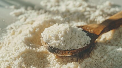 A wooden spoon scoops a heap of fine white flour, spotlighting the essential ingredient for baking and cooking.