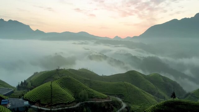 Aerial photography of spring scenery Plantation organic ecological Green tea garden mountain. Beautiful Tea field leaf background under sea of clouds